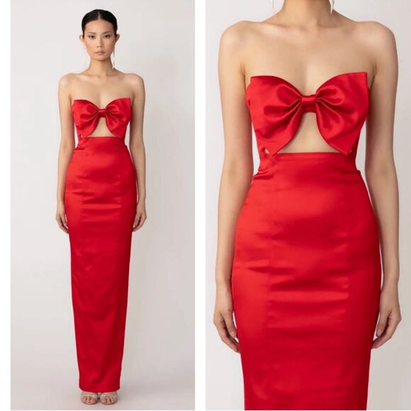 SAU LEE Esther Strapless Bow Cutout Red Satin Pencil Maxi Dress Size 8 - Picture 2 of 14
